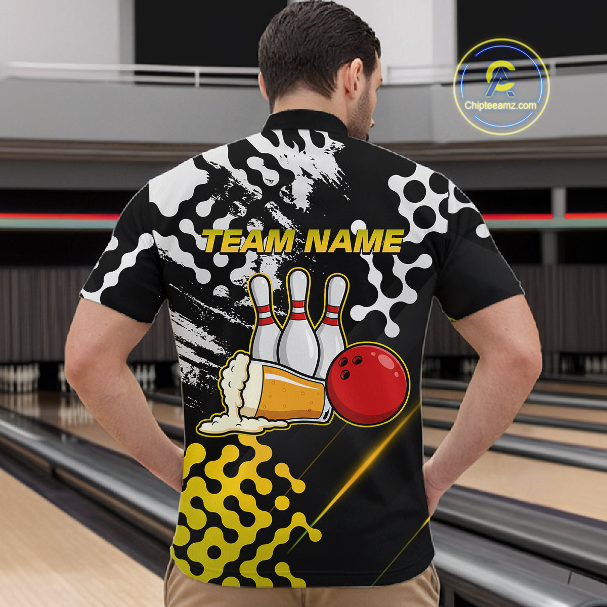 Yellow Beer Bowling Shirts for Team Women Men Beer Bowling Polo&1/4 Zip Bowl League MBL255