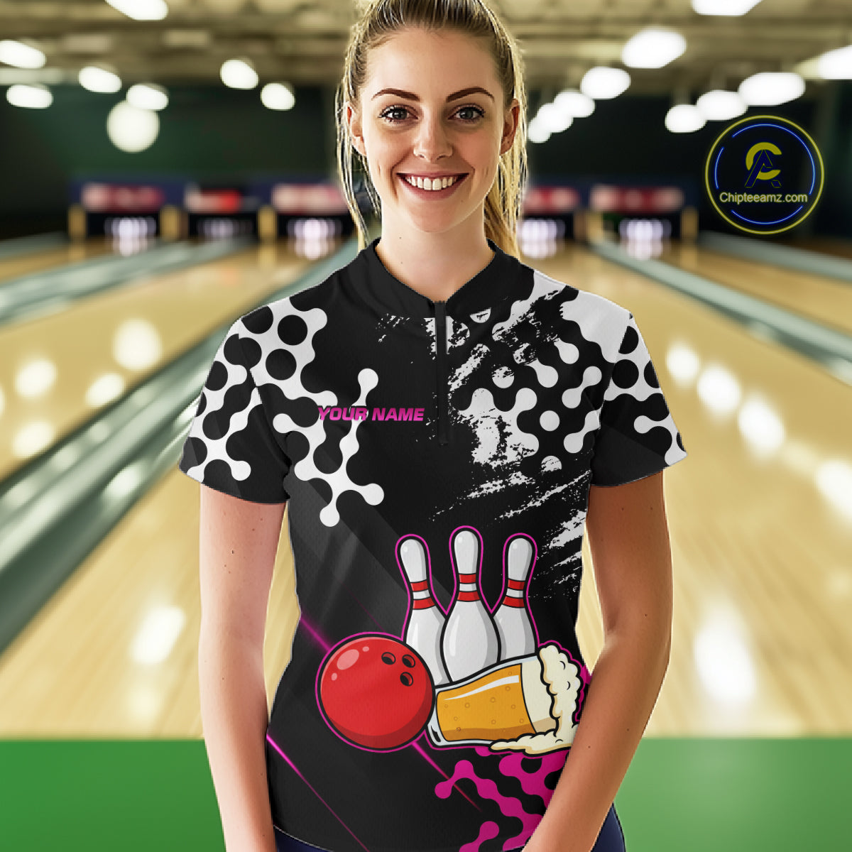 Pink Beer Bowling Shirts for Team Women Men Beer Bowling Polo&1/4 Zip Bowl League MBL255