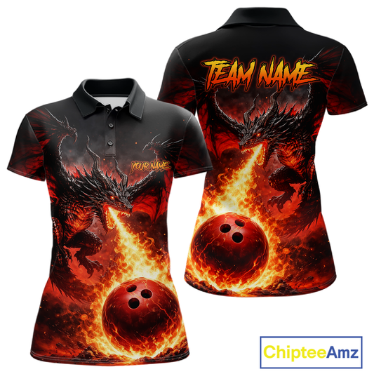 Custom Flame Dragon Bowling Jersey for Women Bowling Team Shirts Bowling League Polo & 1/4 Zip HNT482