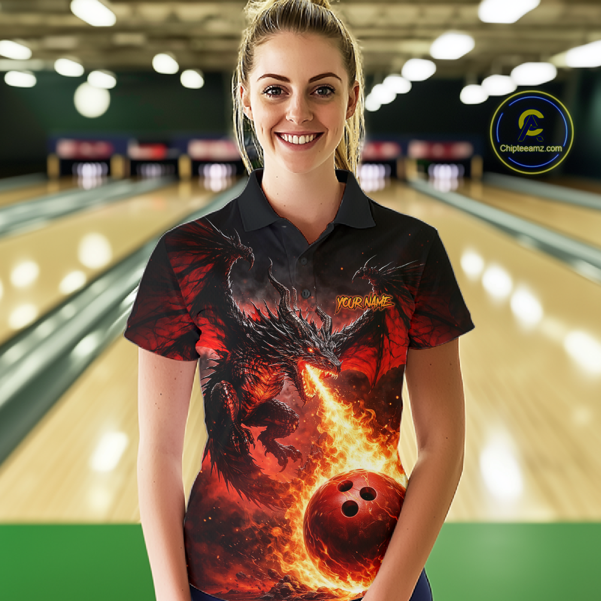 Custom Flame Dragon Bowling Jersey for Women Bowling Team Shirts Bowling League Polo & 1/4 Zip HNT482