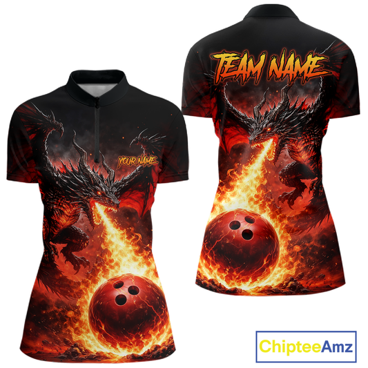 Custom Flame Dragon Bowling Jersey for Women Bowling Team Shirts Bowling League Polo & 1/4 Zip HNT482
