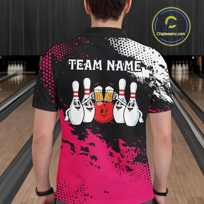 Pink Funny Beer Bowling Shirts for Team Women Men Bowling Polo&1/4 Zip Bowl League MBL254