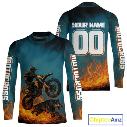 Blue Wolf Motocross Jersey Custom Flaming Wolf Dirt Bike Shirts for Men Kid Women XM404