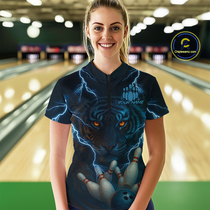 Tiger Bowling Shirts for Team Women Men Custom Blue Lightning Bowling Polo&1/4 Zip Shirt MBL182