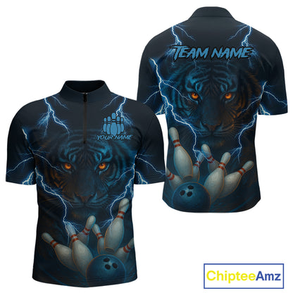 Tiger Bowling Shirts for Team Women Men Custom Blue Lightning Bowling Polo&1/4 Zip Shirt MBL182
