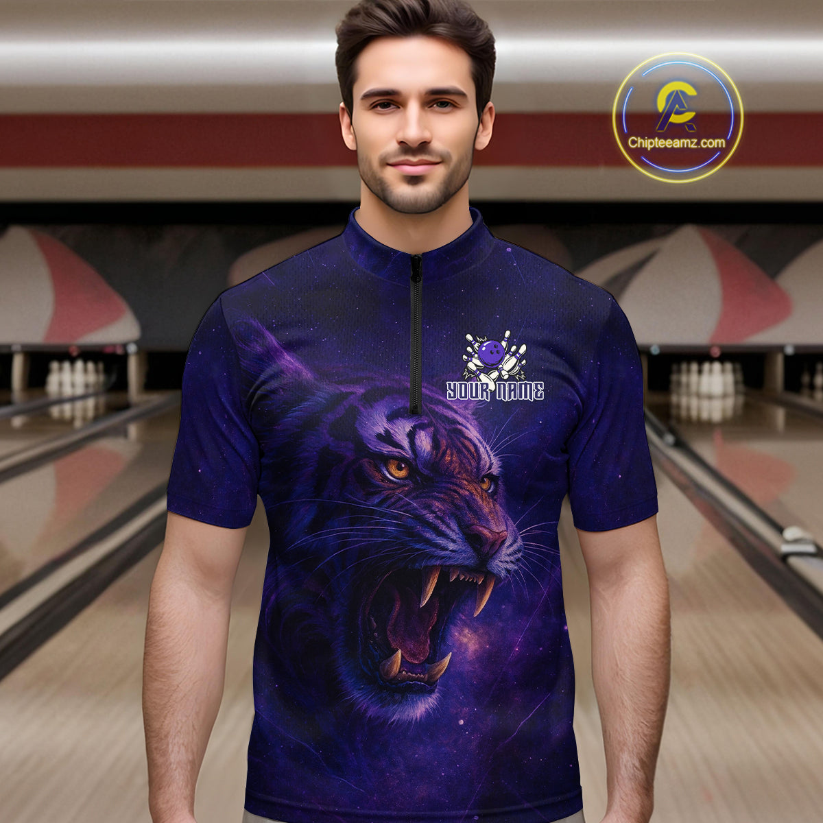 Purple Tiger Bowling Shirts for Team Men Women Custom Bowling Jersey Polo & 1/4 Zip Shirt MBL189