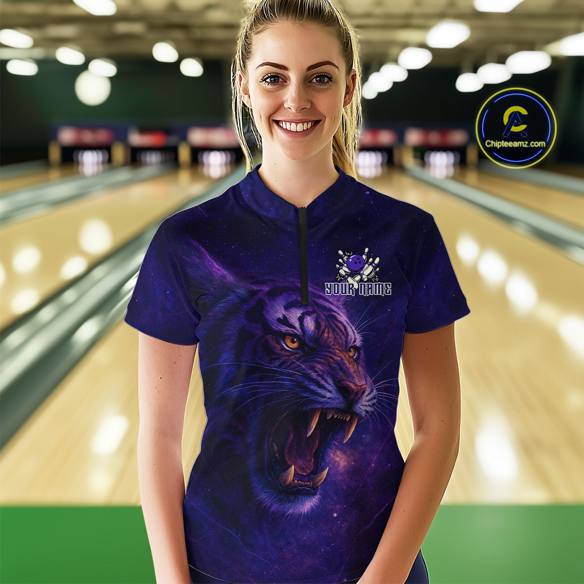 Purple Tiger Bowling Shirts for Team Men Women Custom Bowling Jersey Polo & 1/4 Zip Shirt MBL189