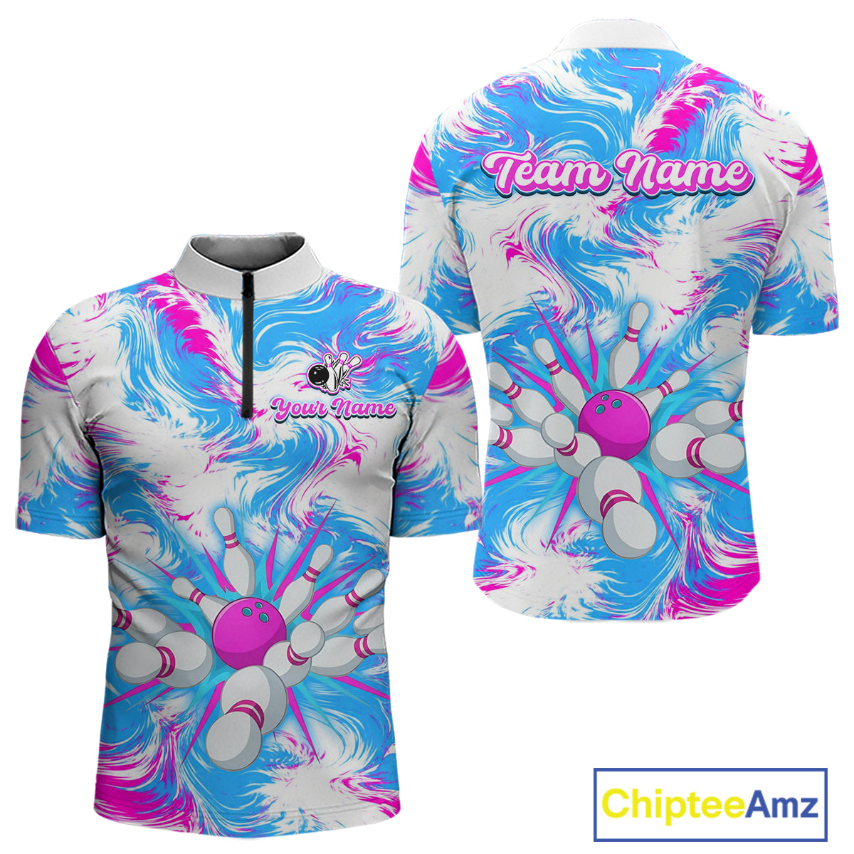 Pink and Blue Bowling Shirts for Team Women Men Bowling Polo and 1/4 Zip Shirt MBL230