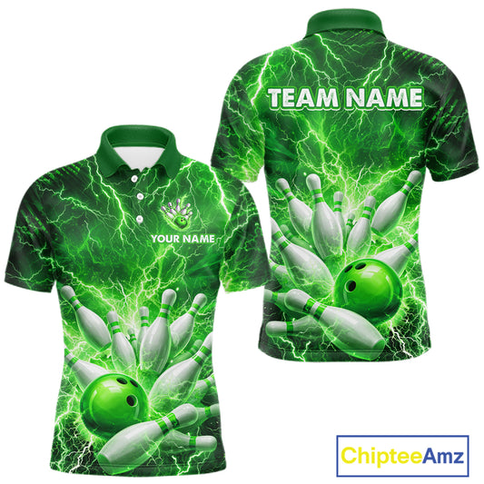 Green Lightning Bowling Shirts for Team Women Men Custom Bowling Polo & 1/4 Zip Shirt MBL241