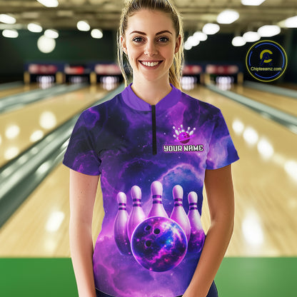 Galaxy Purple Bowling Shirts Yellow for Team Women Men Bowling Polo & 1/4 Zip Shirt MBL246