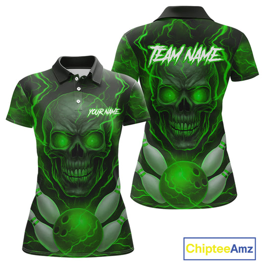 Green Bowling Shirts for Team Women Men Custom Skull Bowling Jerseys for Couples MBL207