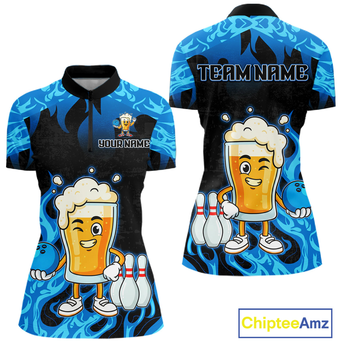 Blue Flaming Beer Bowling Shirts Beer Bowling Jersey for Team Women Men Bowler MBL262
