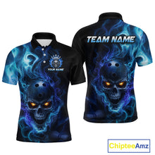 Load image into Gallery viewer, Front and back views of a black bowling polo shirt featuring a flaming skull with glowing orange eyes, blue smoke effects, and custom “TEAM NAME” and “YOUR NAME” text.