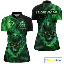 Load image into Gallery viewer, Front and back views of a black bowling  quarter zip shirt featuring a flaming skull with glowing orange eyes, green smoke effects, and custom “TEAM NAME” and “YOUR NAME” text.