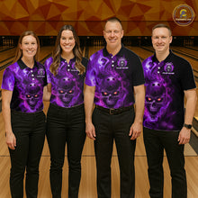 Load image into Gallery viewer, Four people wearing matching purple and black shirts with a skull design on a bowling alley.