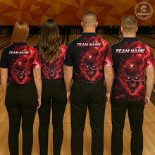 Load image into Gallery viewer, Four people wearing a black bowling quarter zip shirt featuring a flaming skull with glowing red eyes, red smoke effects, and custom “TEAM NAME” text.