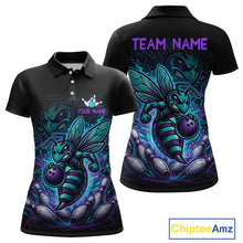 Load image into Gallery viewer, Front and back views of a black bowling polo with teal and purple bee graphics, custom team text, bowling pins, and a purple bowling ball.