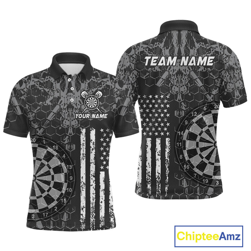 Front and back darts polo shirt featuring dartboard graphics blended with a american flag pattern on a black gray background.
