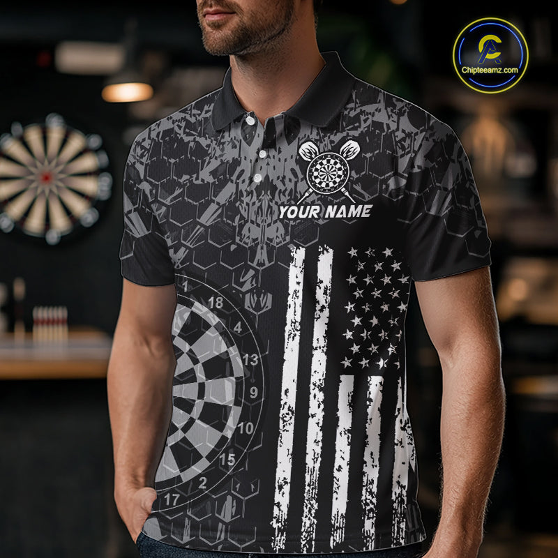 Man wearing darts polo shirt featuring dartboard graphics blended with a american flag pattern on a black gray background.