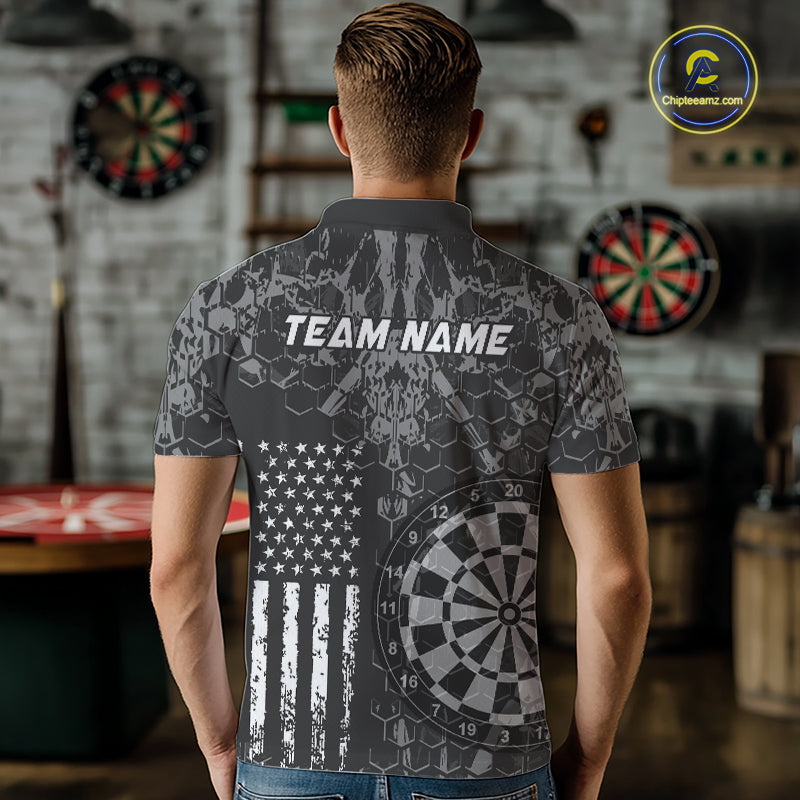 Man wearing darts polo shirt featuring dartboard graphics blended with a american flag pattern on a black gray background.