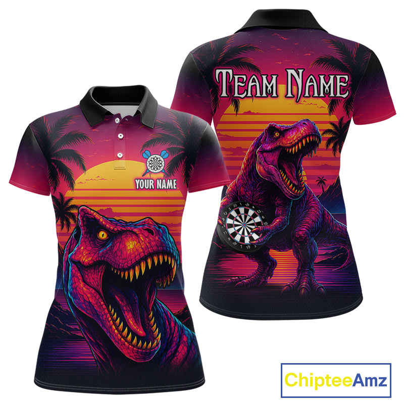 Front and back darts polo shirt featuring a dinosaur holding a dartboard with sunset and palm tree artwork on a colorful background.