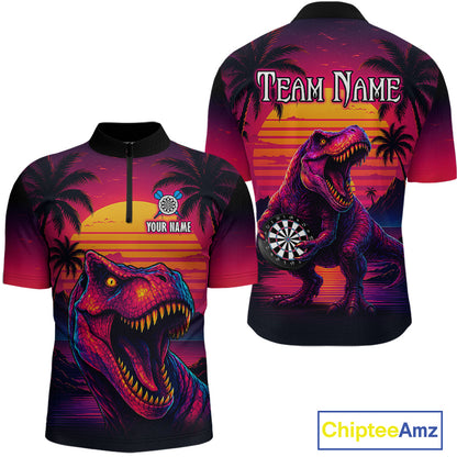 Front and back darts quarter zip shirt featuring a dinosaur holding a dartboard with sunset and palm tree artwork on a colorful background.