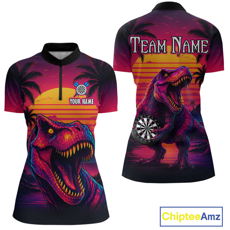 Front and back darts quarter zip shirt featuring a dinosaur holding a dartboard with sunset and palm tree artwork on a colorful background.