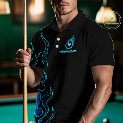 Men wearing billiards polo shirt featuring an eight ball design surrounded by flowing blue flame graphics on a black background.