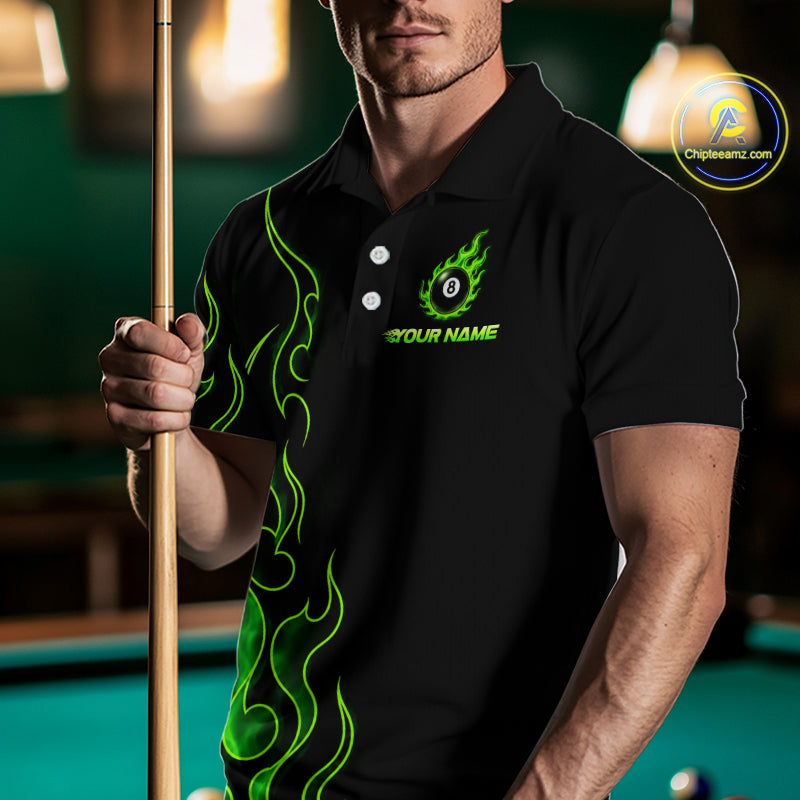 Men wearing billiards polo shirt featuring an eight ball design surrounded by flowing green flame graphics on a black background.