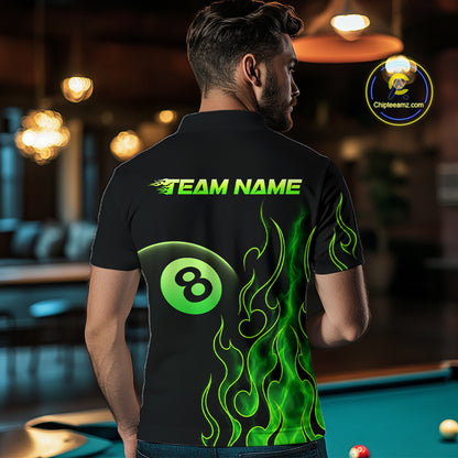 Men wearing billiards polo shirt featuring an eight ball design surrounded by flowing green flame graphics on a black background.