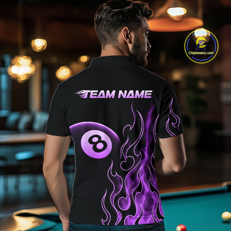 Men wearing billiards polo shirt featuring an eight ball design surrounded by flowing purple flame graphics on a black background.