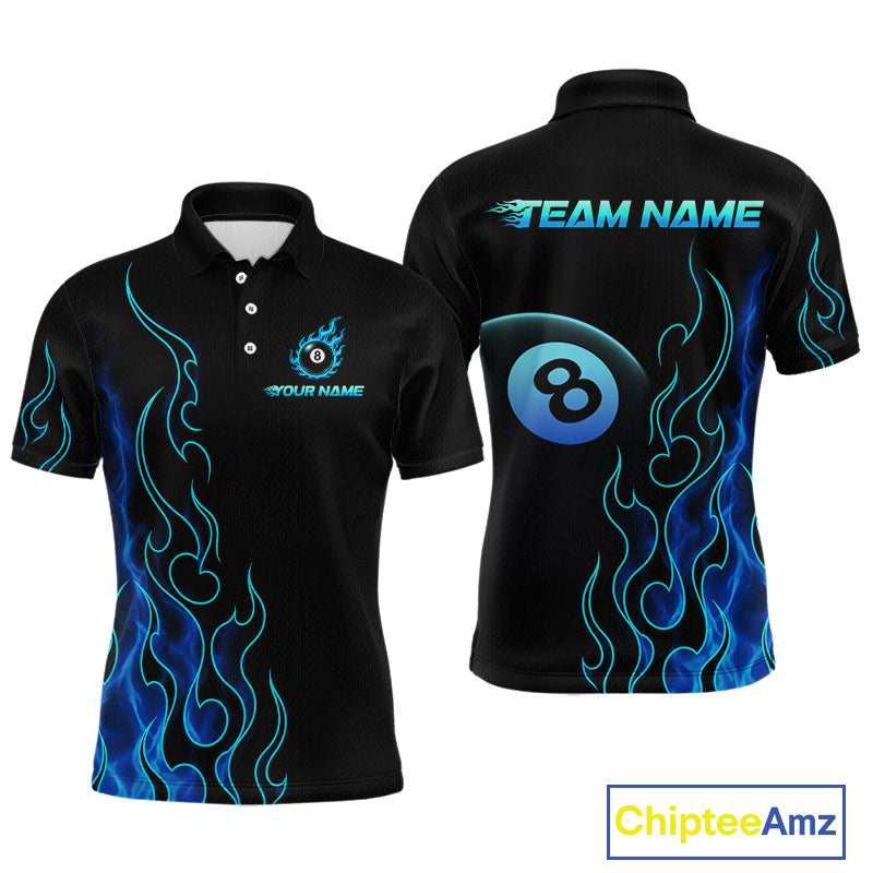 Front and back billiards polo shirt featuring an eight ball design surrounded by flowing blue flame graphics on a black background.