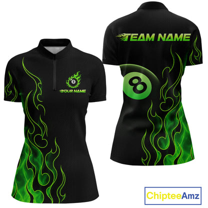 Front and back billiards quarter zip shirt featuring an eight ball design surrounded by flowing green flame graphics on a black background.