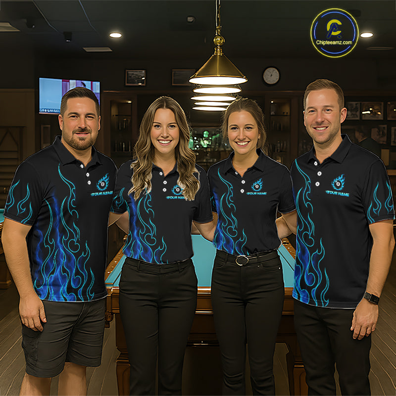 Four people wearing billiards polo shirt featuring an eight ball design surrounded by flowing blue flame graphics on a black background.