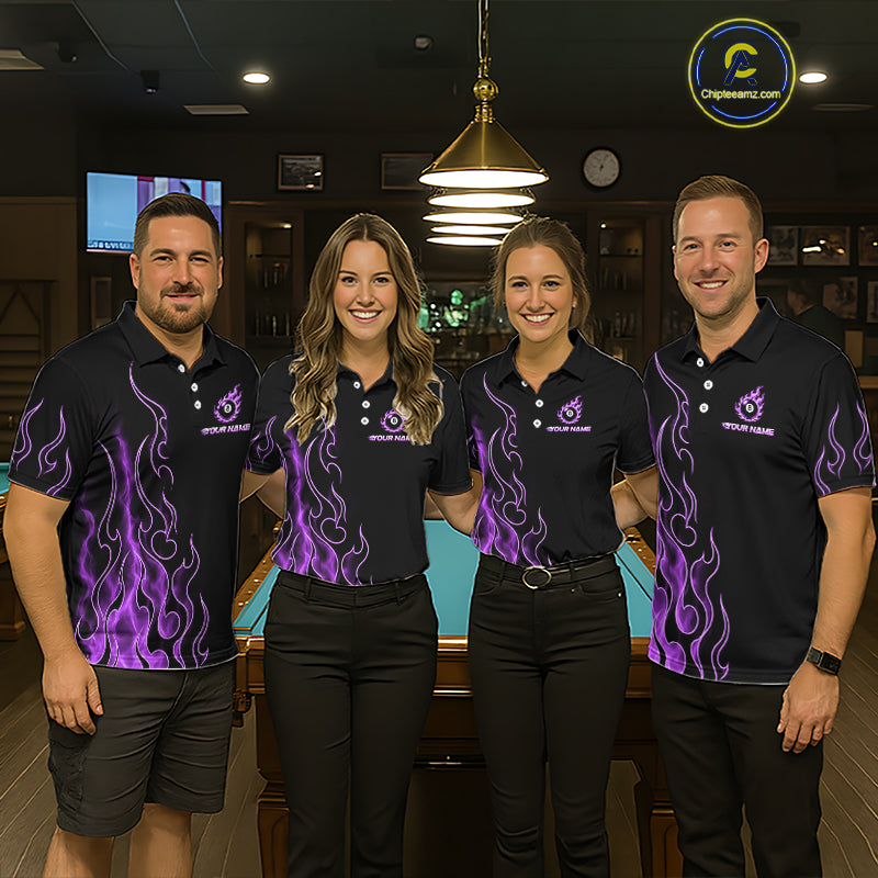 Four people wearing billiards polo shirt featuring an eight ball design surrounded by flowing purple flame graphics on a black background.
