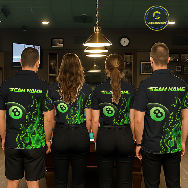 Four people wearing billiards polo shirt featuring an eight ball design surrounded by flowing green flame graphics on a black background.