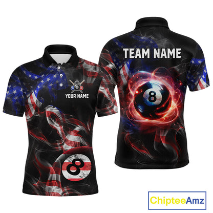 Front and back view personalized billiards polo shirt with an eight ball design connected by american flag smoke patterns across a black layout.