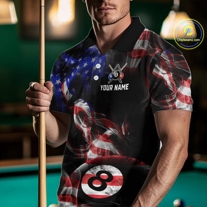 Men wearing personalized billiards polo shirt with an eight ball design connected by american flag smoke patterns across a black layout.