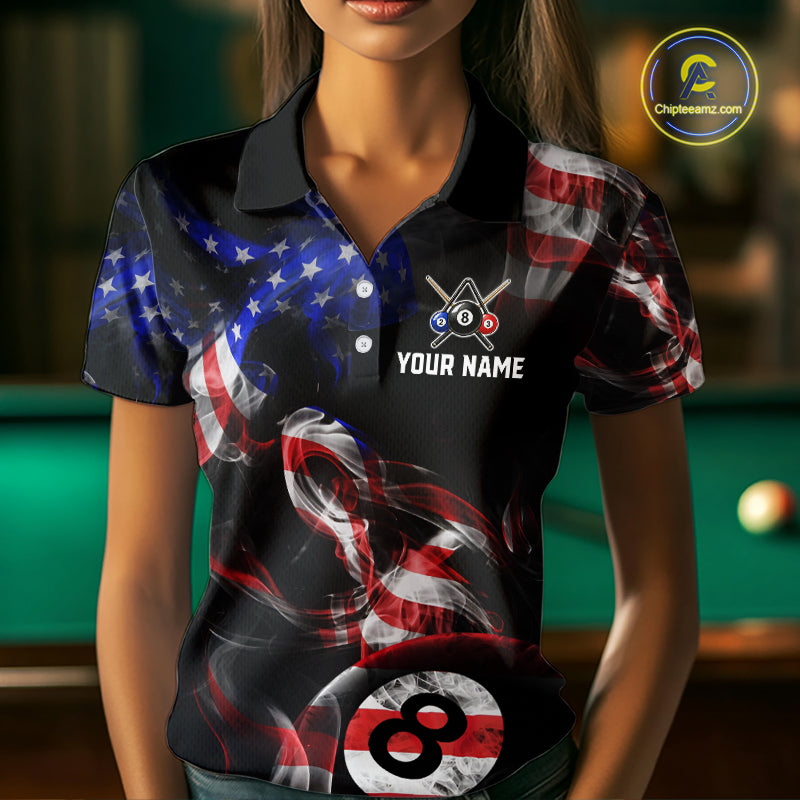 Women wearing personalized billiards polo shirt with an eight ball design connected by american flag smoke patterns across a black layout.