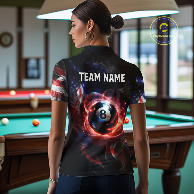Women wearing personalized billiards polo shirt with an eight ball design connected by american flag smoke patterns across a black layout.