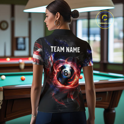 Women wearing personalized billiards polo shirt with an eight ball design connected by american flag smoke patterns across a black layout.