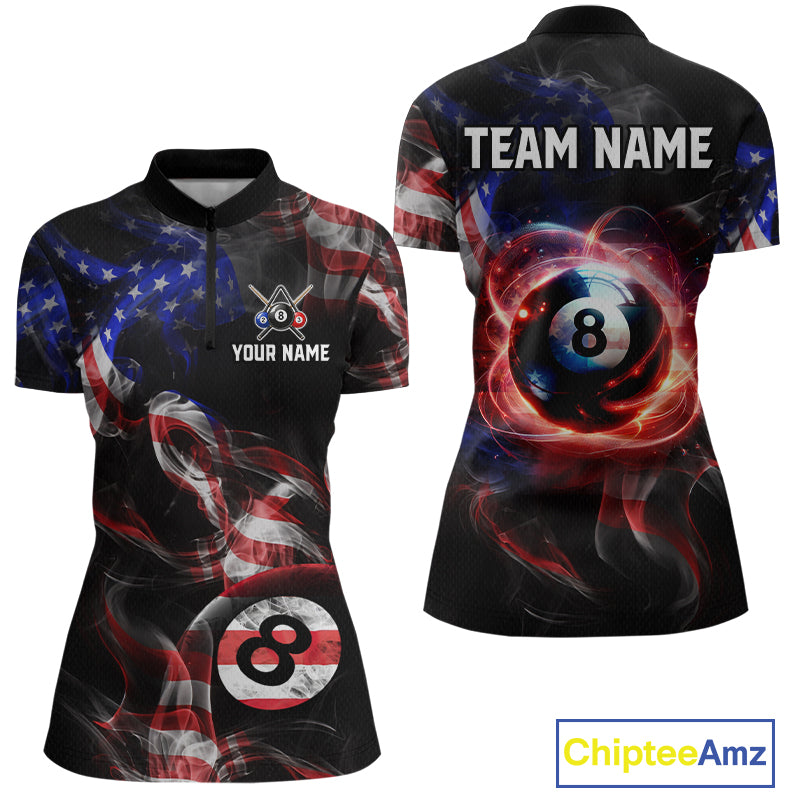 Front and back view personalized billiards quarter zip shirt with an eight ball design connected by american flag smoke patterns across a black layout.