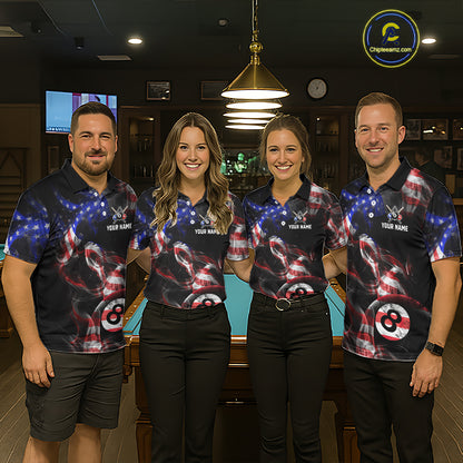 Four people wearing personalized billiards polo shirt with an eight ball design connected by american flag smoke patterns across a black layout.