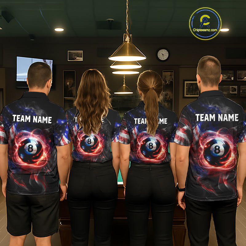 Four people wearing personalized billiards polo shirt with an eight ball design connected by american flag smoke patterns across a black layout.