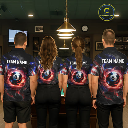 Four people wearing personalized billiards polo shirt with an eight ball design connected by american flag smoke patterns across a black layout.
