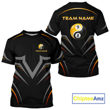 Load image into Gallery viewer, Black gold billiard jersey with customizable text and ChipteeAmz branding