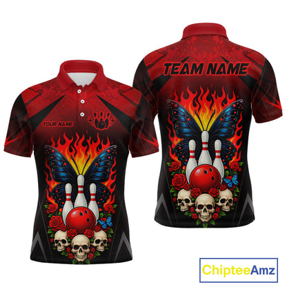 Front and back views of a red and black bowling polo shirt featuring flaming bowling pins, a red bowling ball, a blue butterfly, roses, skulls, and custom team and player name text.