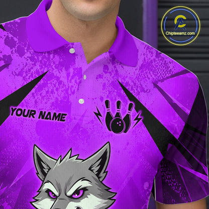 Purple polo shirt with a wolf graphic and customizable text on a dark background