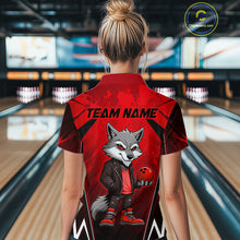 Load image into Gallery viewer, Woman wearing a red and black bowling quarter zip shirt featuring a gray wolf mascot holding a red bowling ball, with custom team name text.