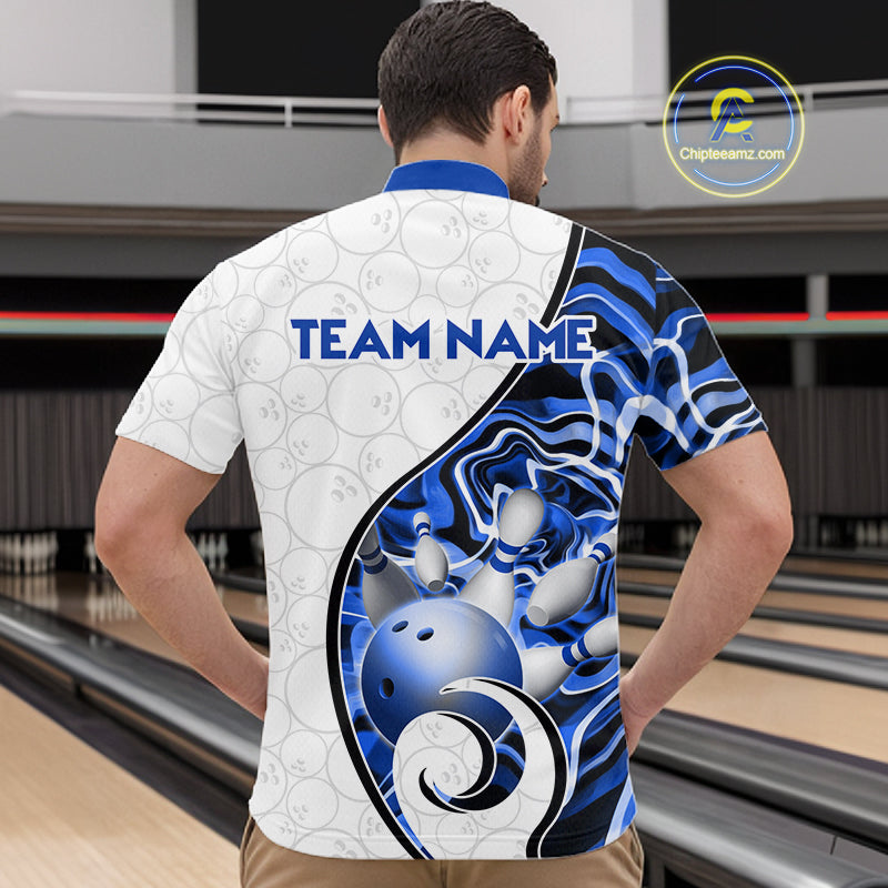 Custom Blue Liquid Swirl Bowling Jersey for Men Bowling Team Shirts Bowling League Polo & 1/4 Zip HNT471